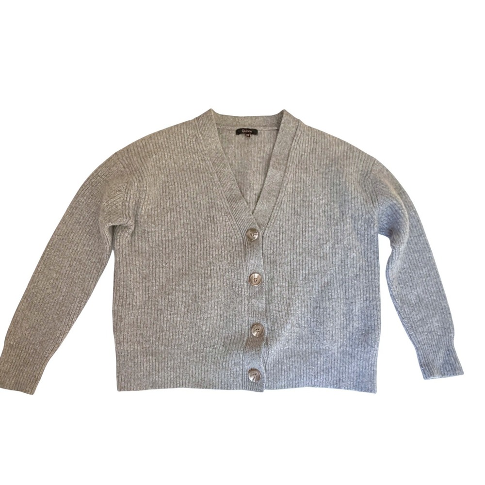 Quince Cardigan Mongolian Cashmere Fisherman Cropped Heather Grey XS Sweater
